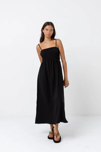 Classic Shirred Midi Dress - Black